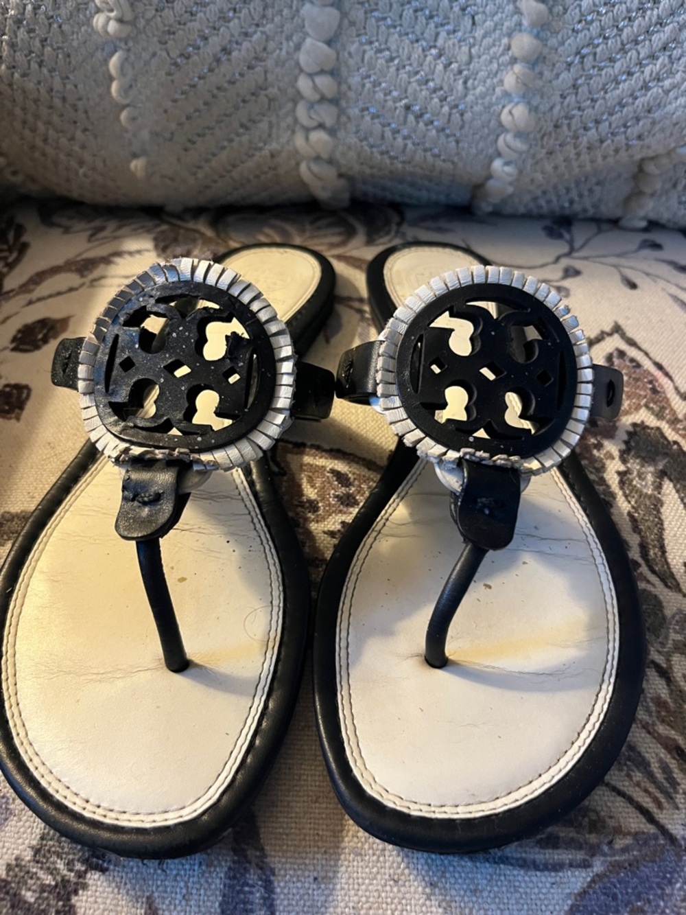 Tory Burch Black and White Logo Thong Sandals